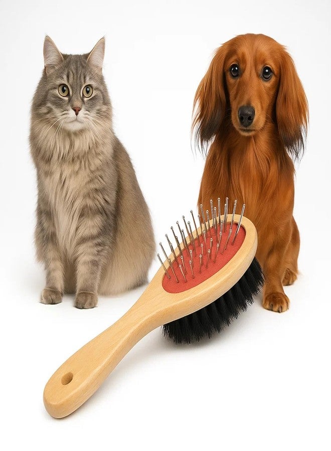 سايج سكوير فرشاة تنظيف الحيوانات الأليفة الخشبية ذات الوجهين من سيج سكوير للكلاب والقطط | جانب واحد بشعيرات معدنية لفك التشابك وإزالة الشعر المتساقط | الجانب الآخر بشعيرات نايلون ناعمة لإضفاء اللمعان ولمسة نهائية خشبية | صغير 18 سم (النوع 3) - Image 1